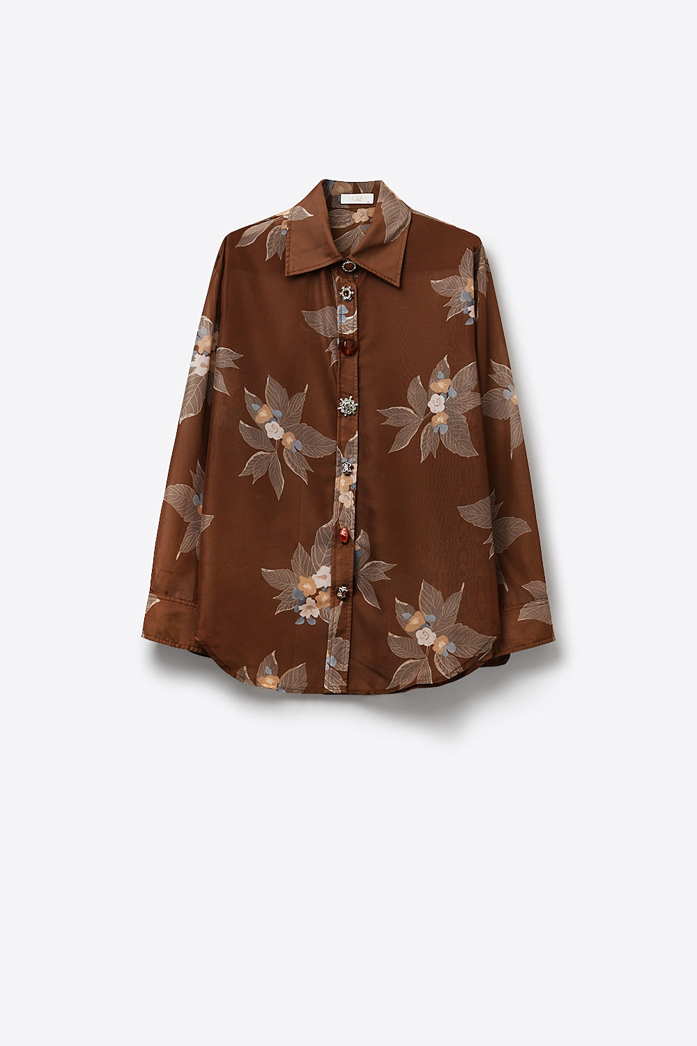 Camicia marrone a fiori con bottoni frontali e maniche lunghe in chiffon