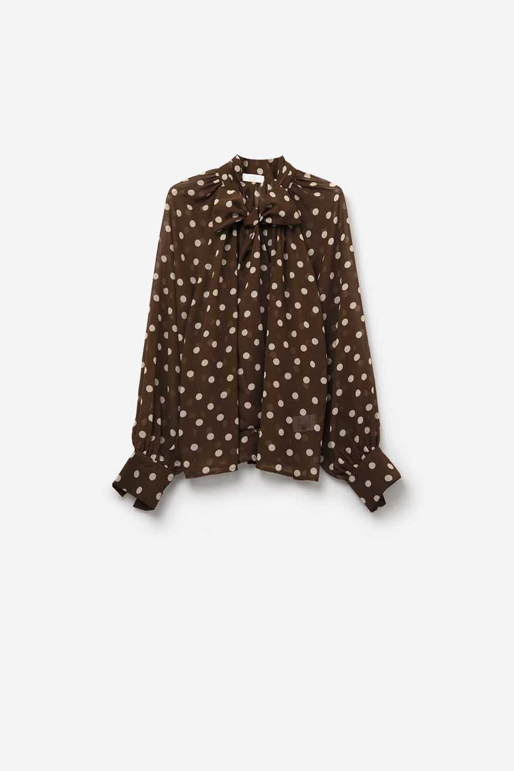 Camicia marrone a pois con dettaglio in pizzo in tessuto chiffon