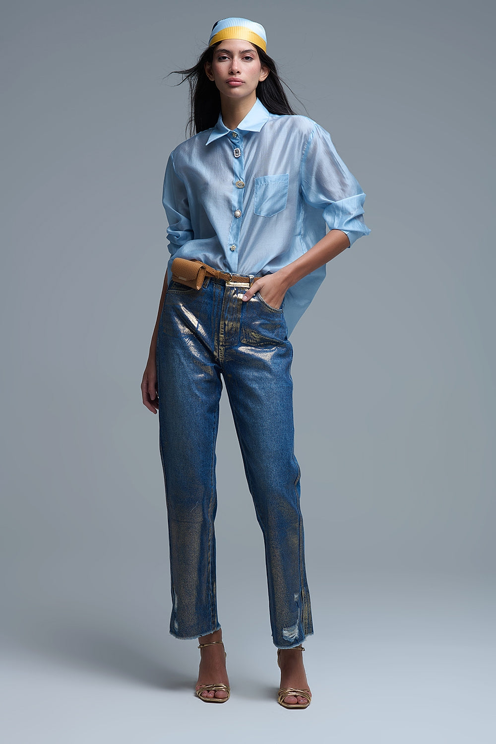 Camicia morbida in seta con bottoni in blu