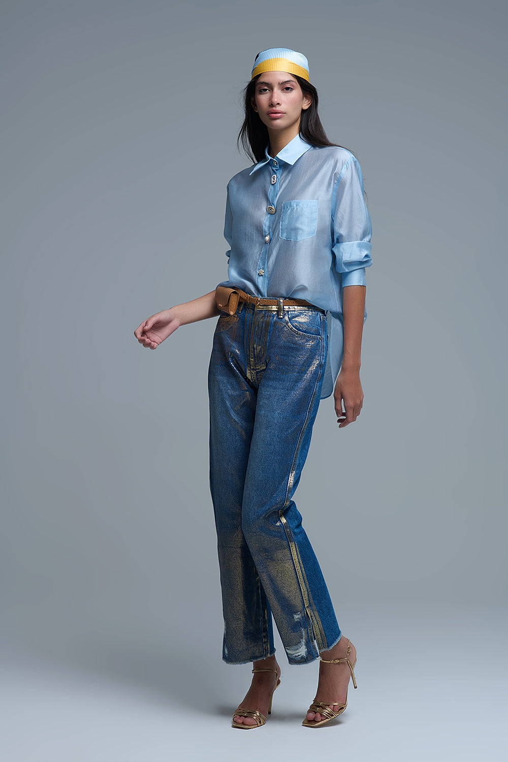 Camicia morbida in seta con bottoni in blu