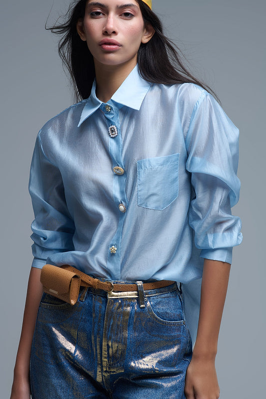 Q2 Camicia morbida in seta con bottoni in blu