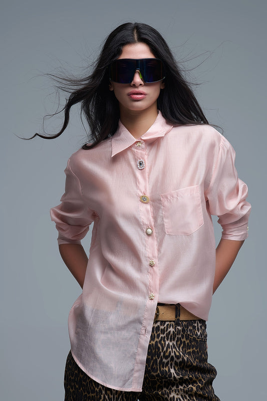 Q2 Camicia morbida in seta con bottoni in rosa