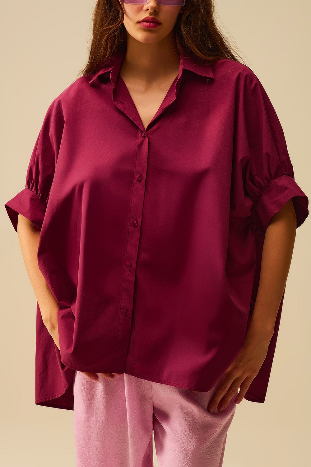 Camicia oversize bordeaux con maniche corte