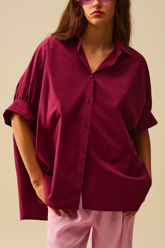 Q2 Camicia oversize bordeaux con maniche corte