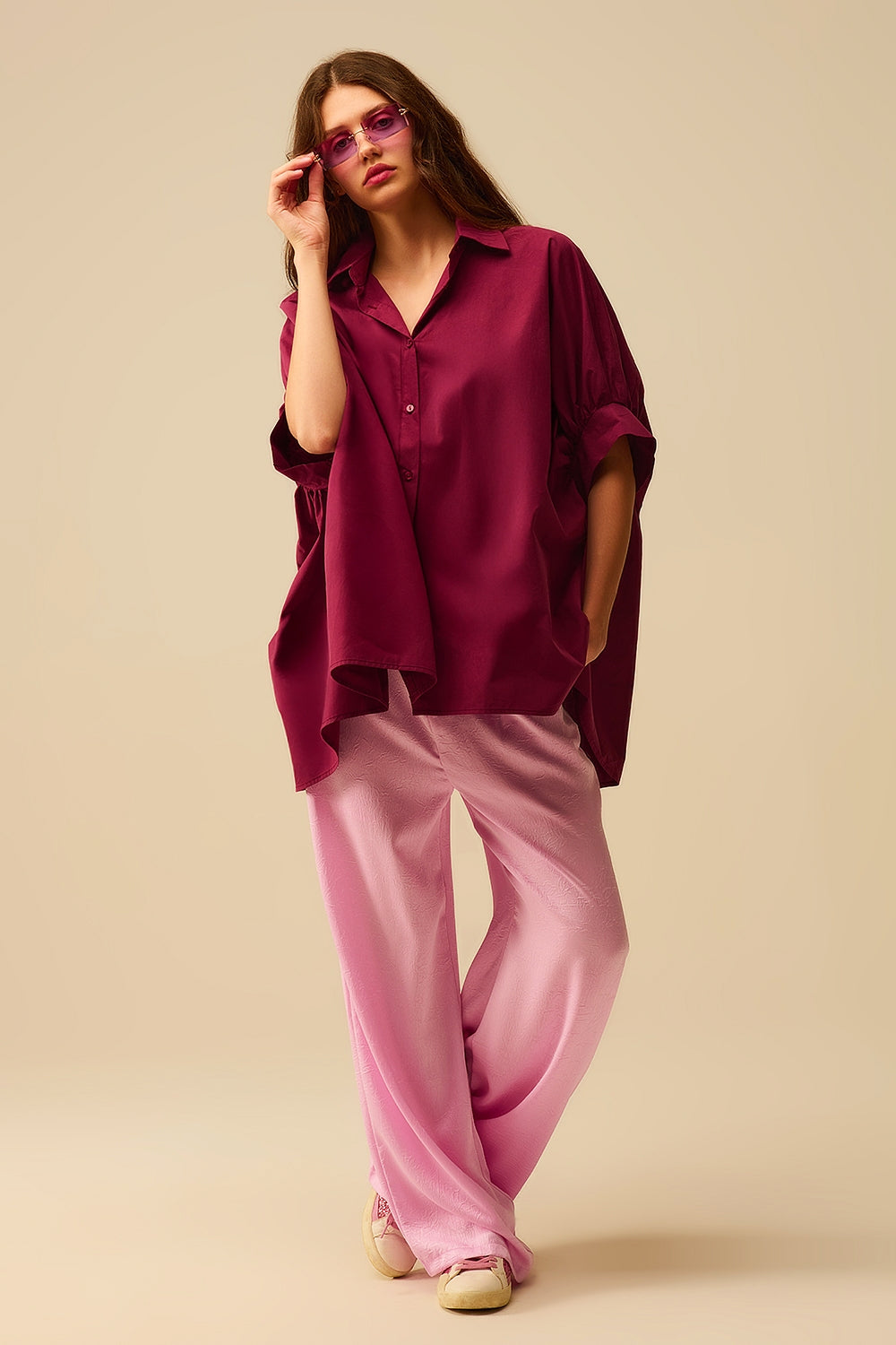 Camicia oversize bordeaux con maniche corte