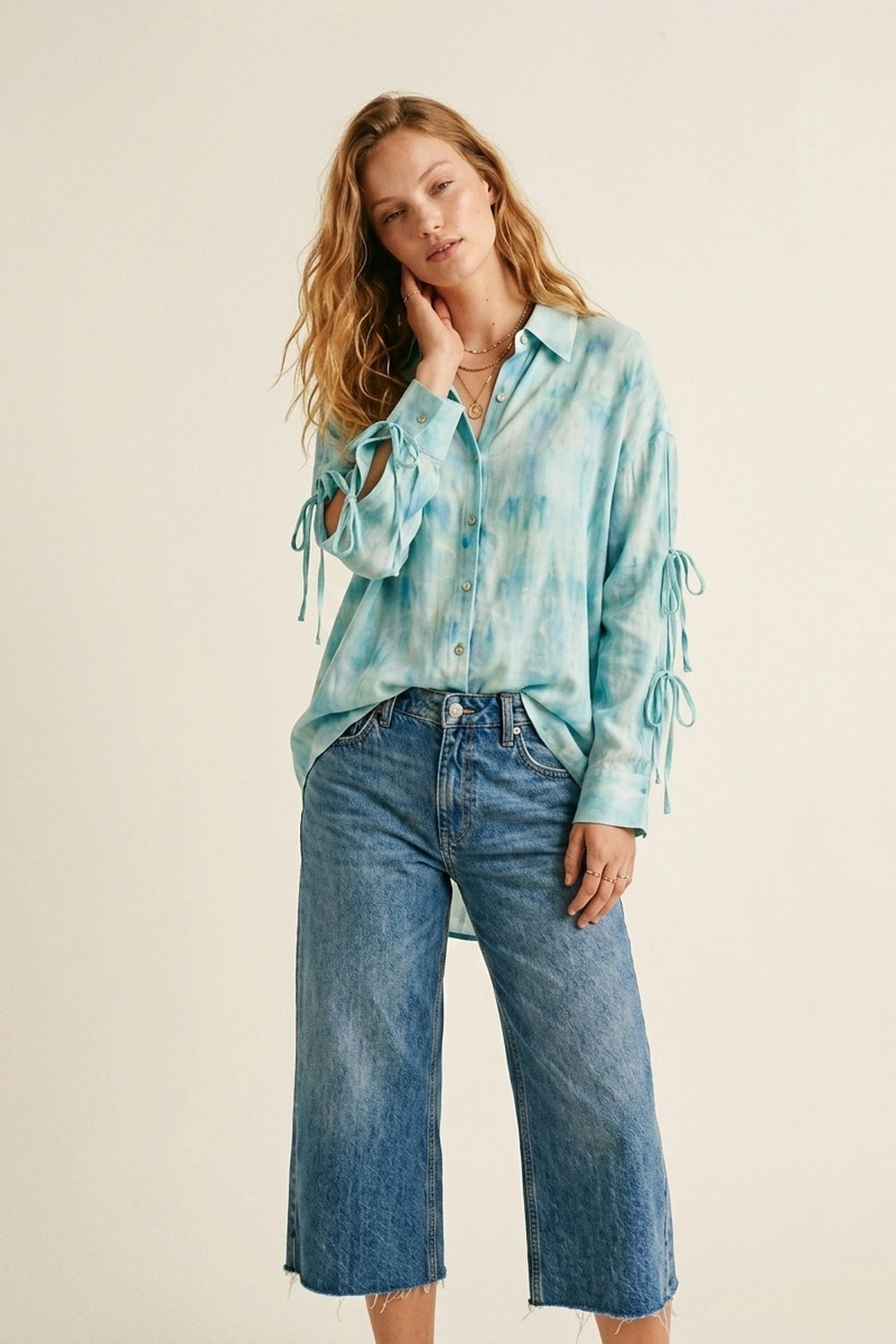 Camicia oversize con bottoni a fantasia blu chiaro