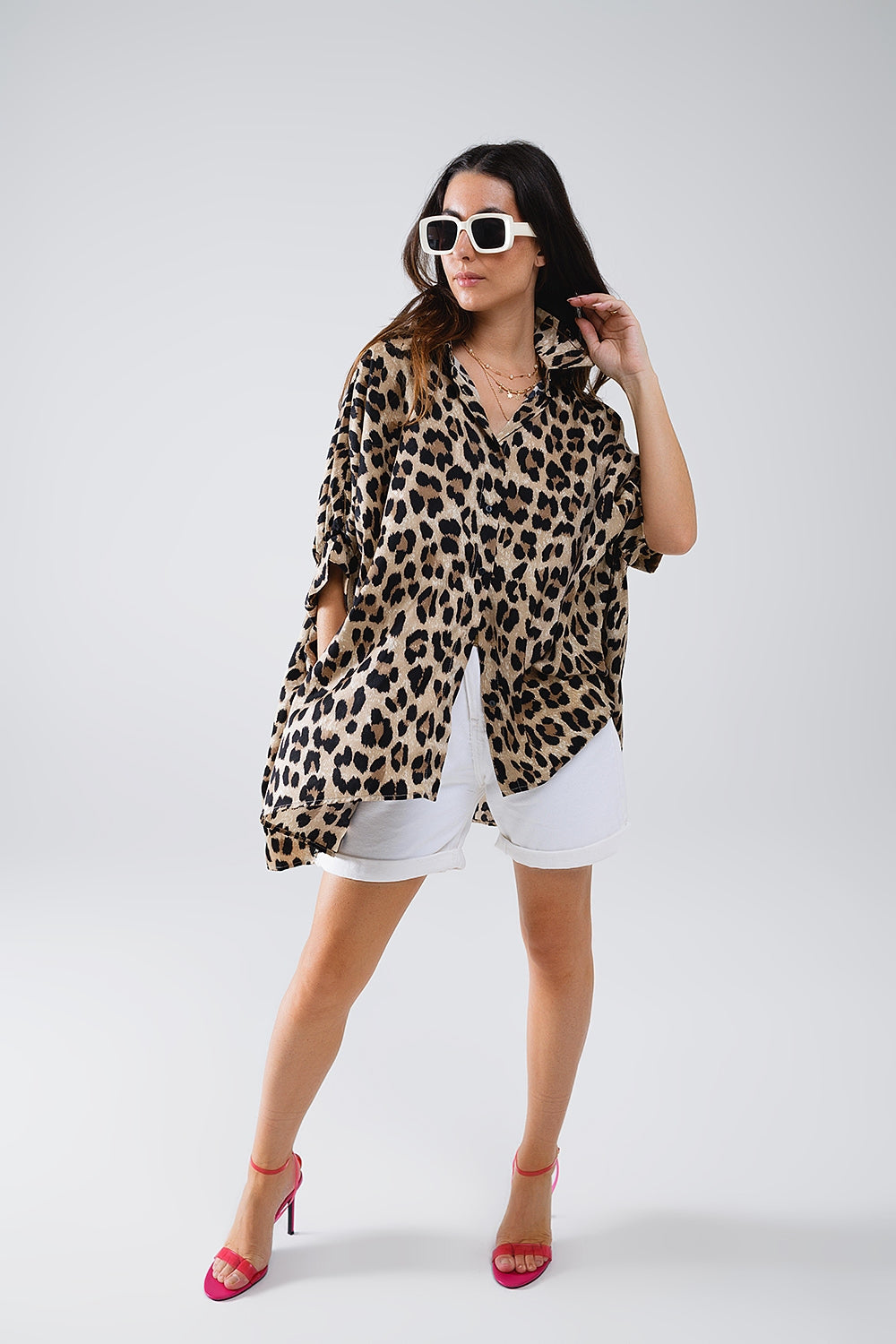 Camicia oversize con stampa leopardata e maniche a 3/4