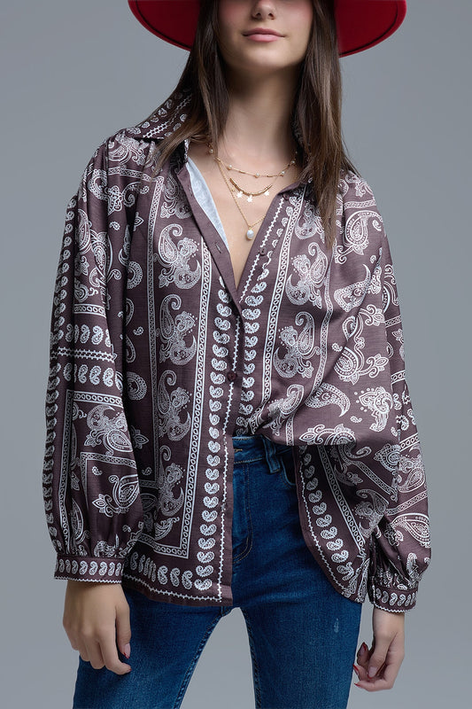 Q2 Camicia Paisley marrone con maniche voluminose
