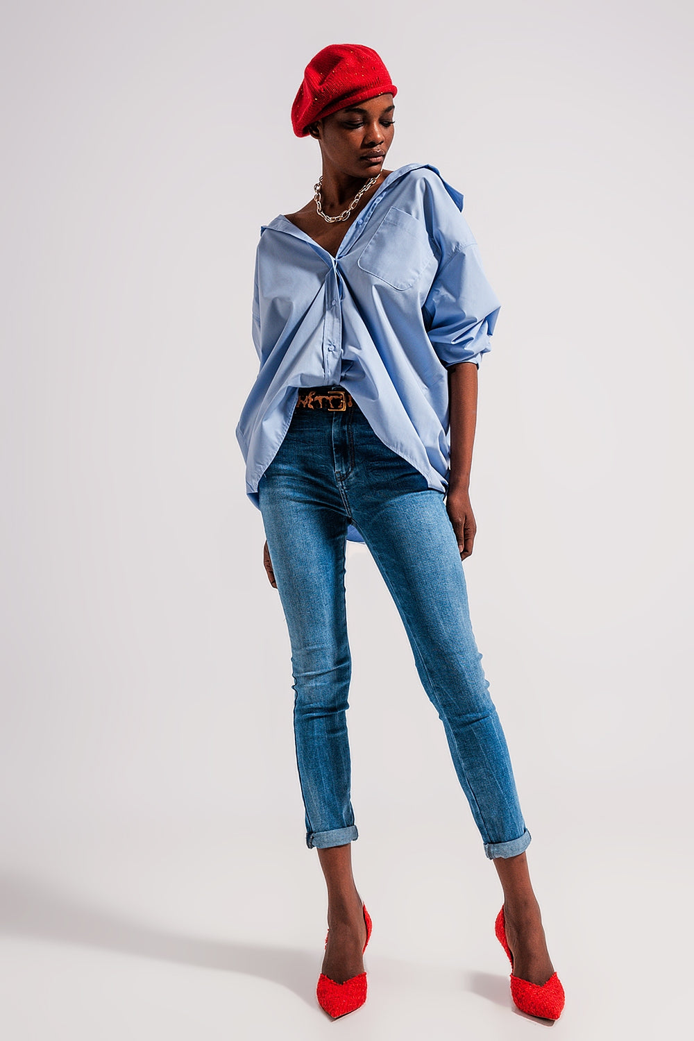 Camicia poplin oversize comoda in azzurro