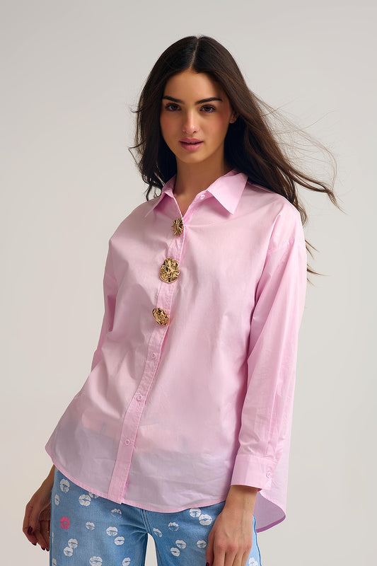 Q2 Camicia rilassata in popeline di cotone rosa con bottoni dorati