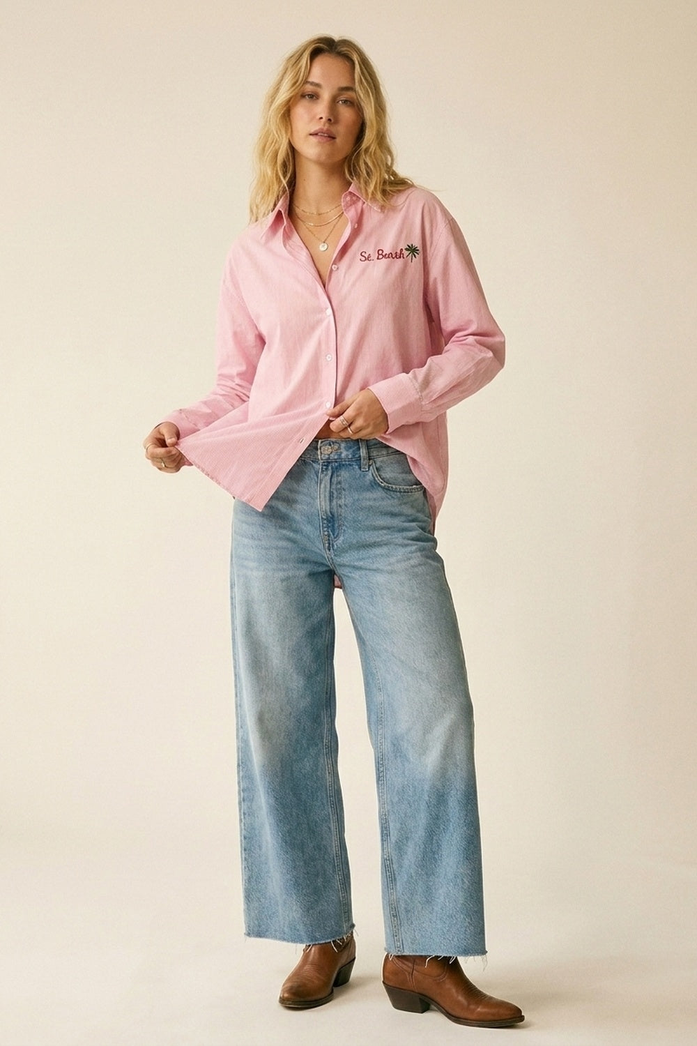 Camicia rosa a righe con dettagli ricamati St Barth