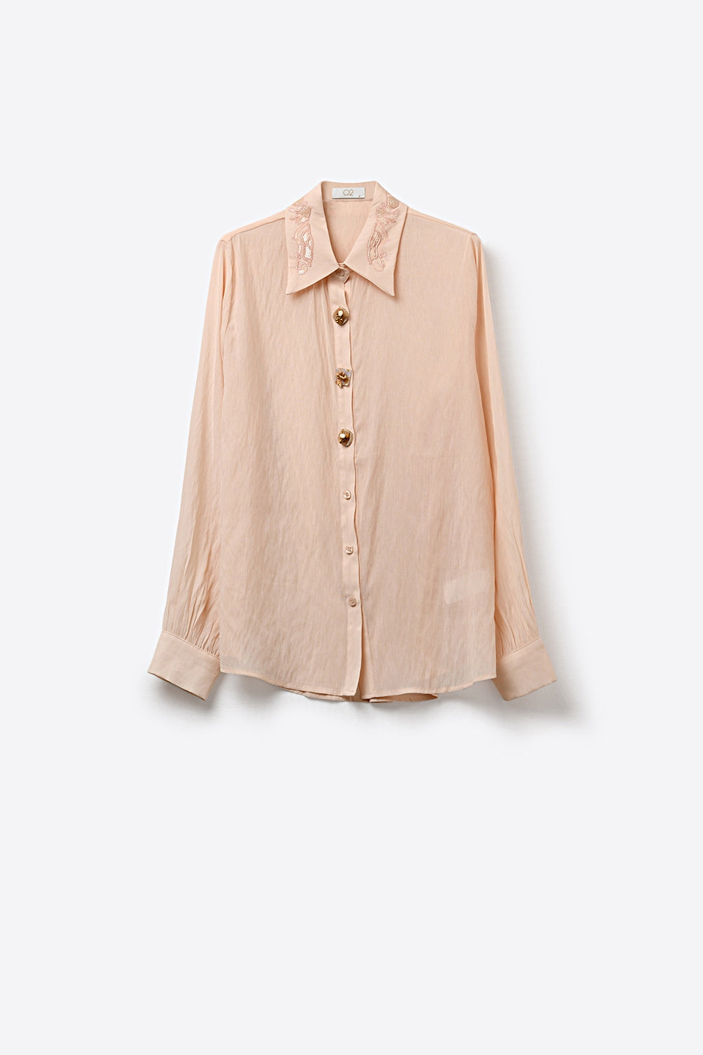 Camicia rosa semi-trasparente con colletto ricamato con paillettes
