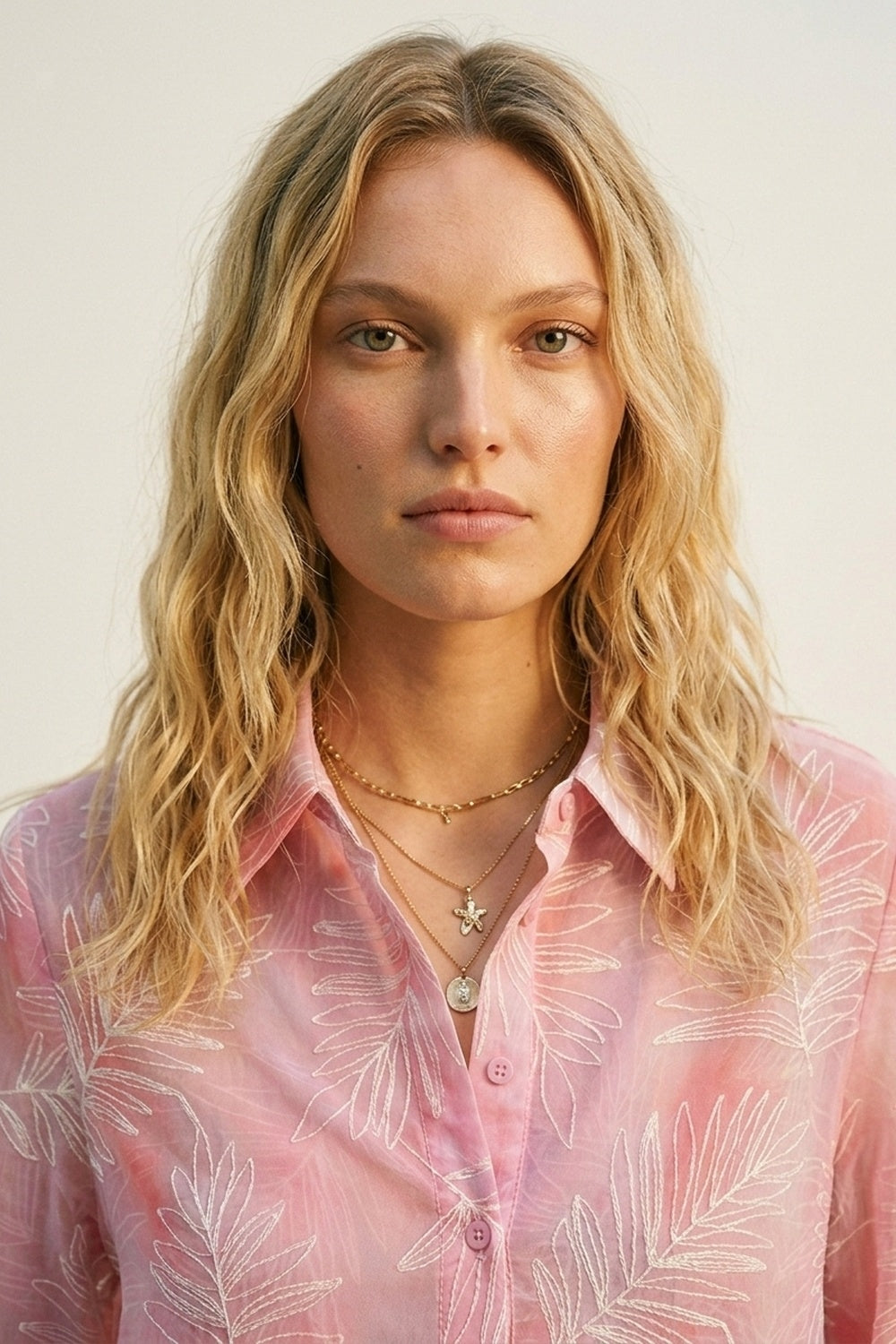 Camicia Rosa Trasparente con Stampa di Foglie e Tessuto Traslucido
