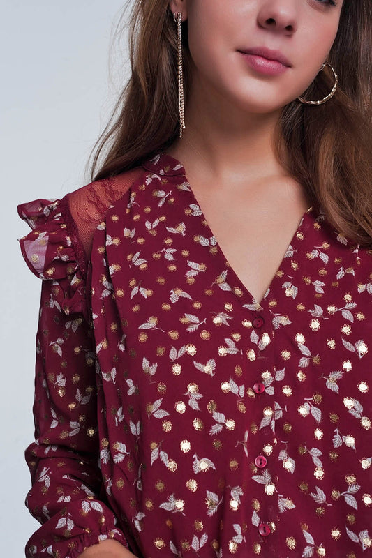 Q2 Camicia rossiccio stampata con volant sulle spalle