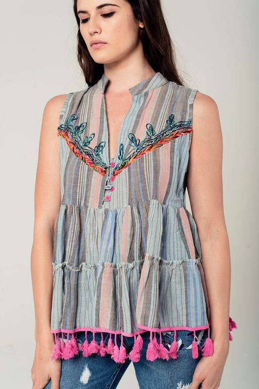 Q2 Camicia senza maniche con nappe e ricami in grigio