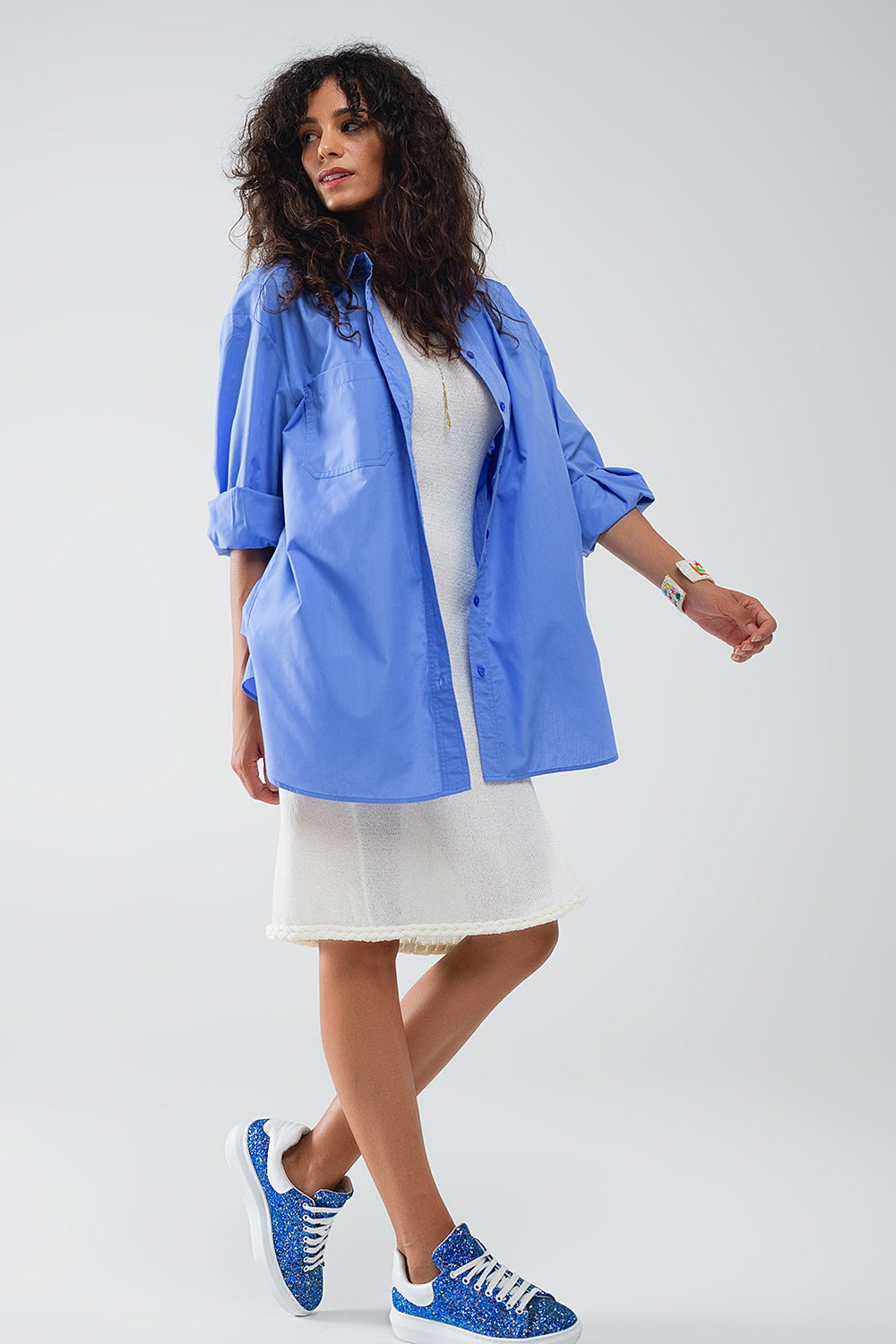 Q2 Camicia super oversize a vita alta in blu