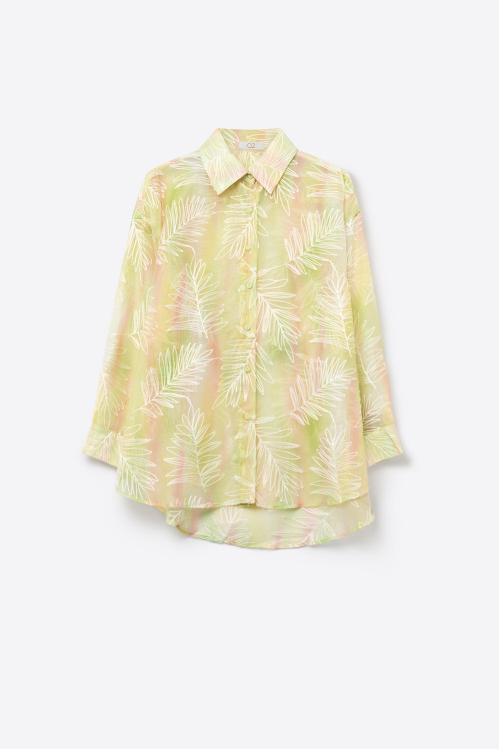 Camicia verde trasparente con stampa a foglie e tessuto semitrasparente