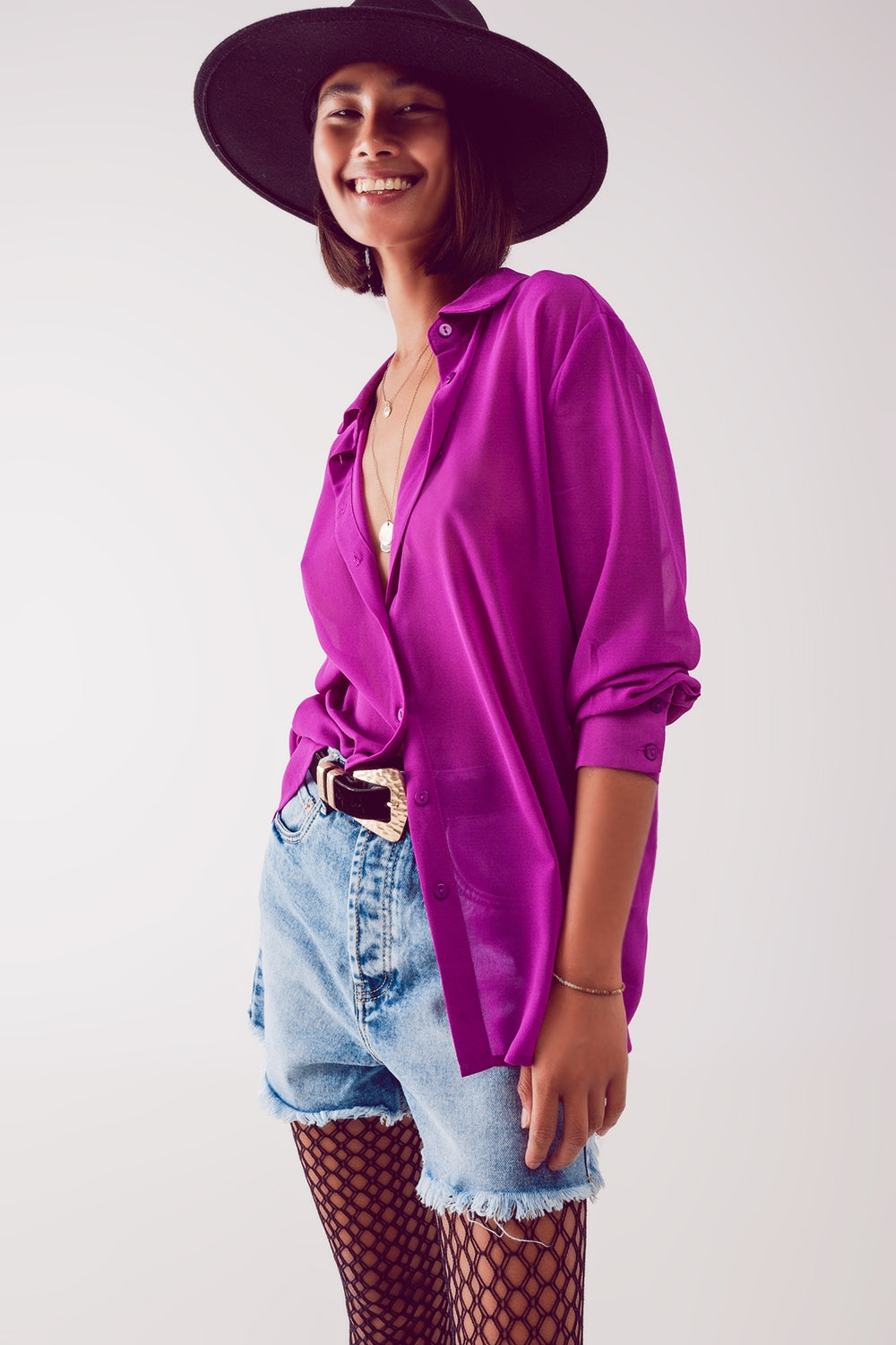 Camicia viola in chiffon trasparente