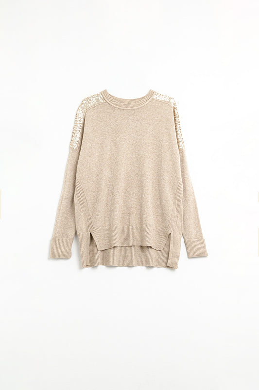 Q2 cammello Maglione a maniche lunghe con paillettes sulle spalle