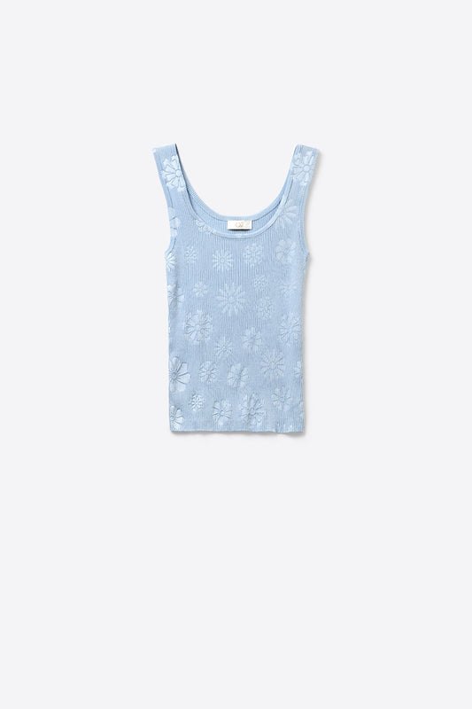 Q2 Canotta floreale in maglia a coste blu chiaro