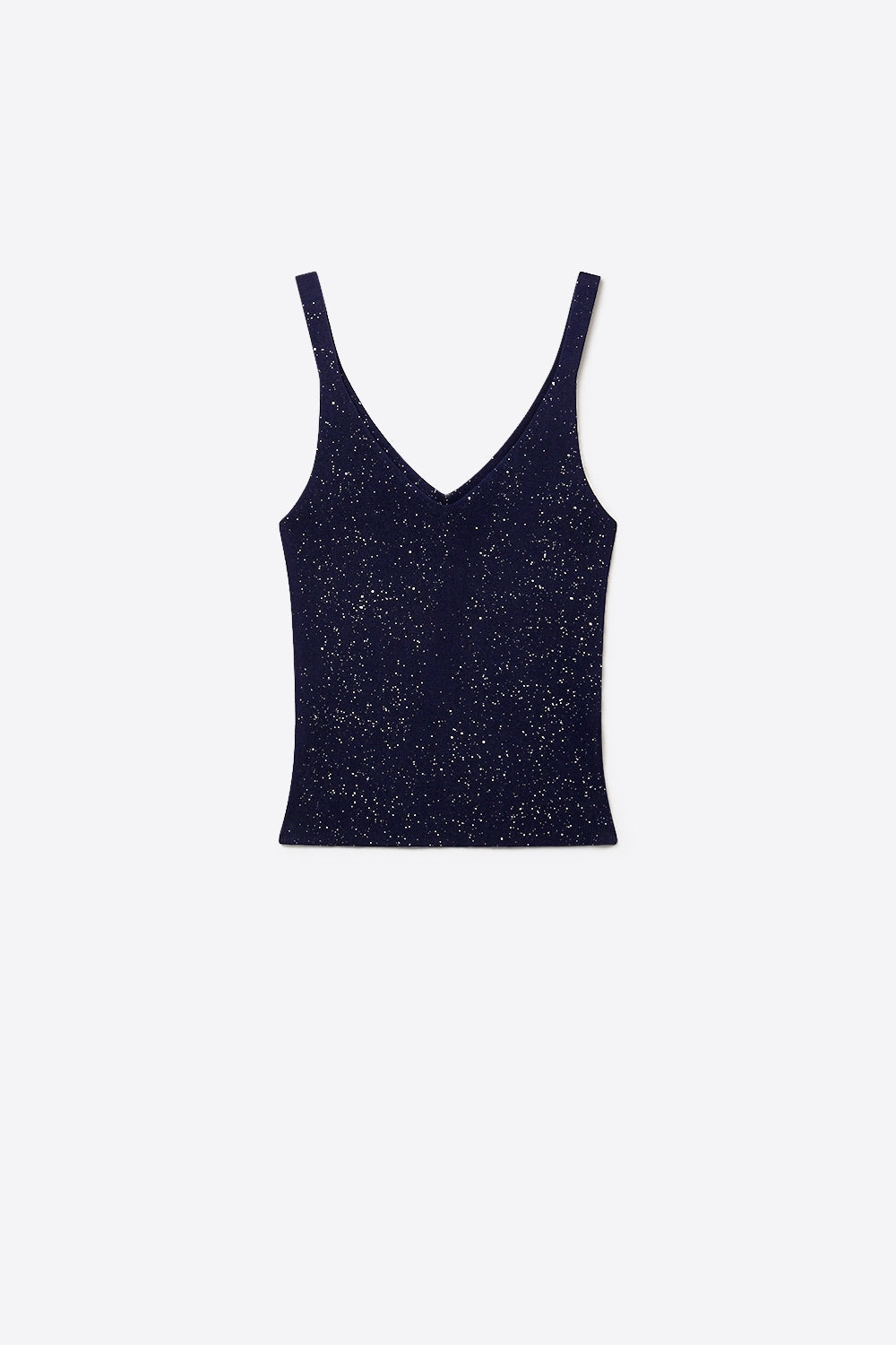 Q2 Canotta Navy Shiny Glitter Ribbed Knit V-Neck Fitted