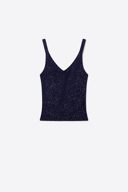 Q2 Canotta Navy Shiny Glitter Ribbed Knit V-Neck Fitted