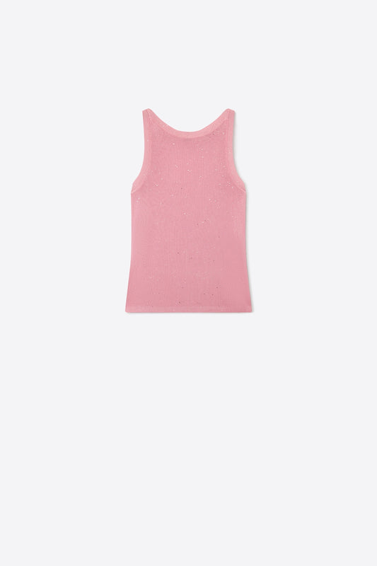 Q2 Canotta rosa a coste in maglia glitterata senza maniche dal taglio regolare