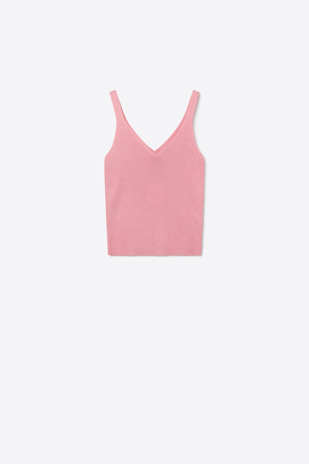 Q2 Canotta rosa glitterata in maglia a coste con scollo a V