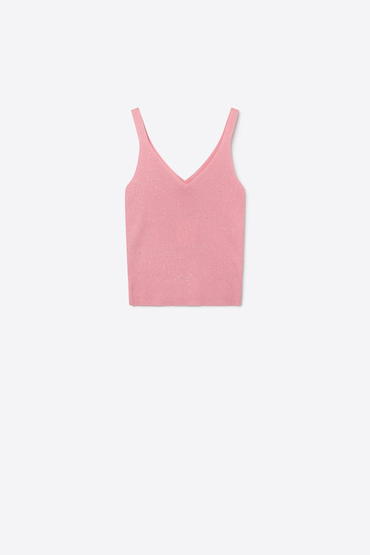 Q2 Canotta rosa glitterata in maglia a coste con scollo a V