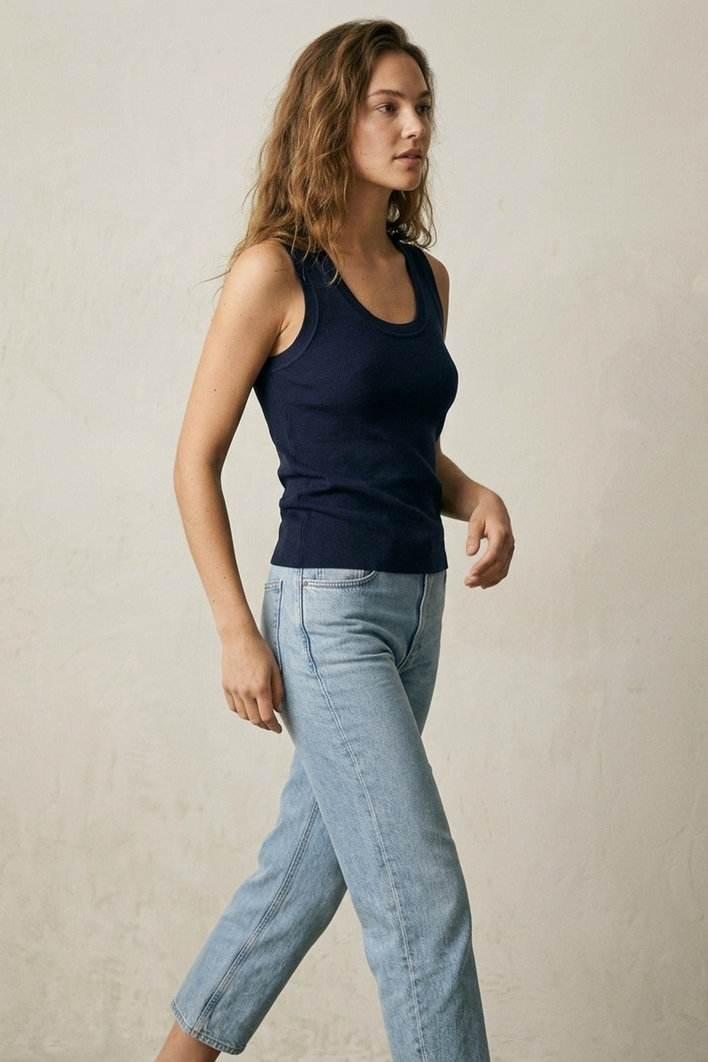 Canotta Senza Maniche in Maglia a Coste Blu Navy