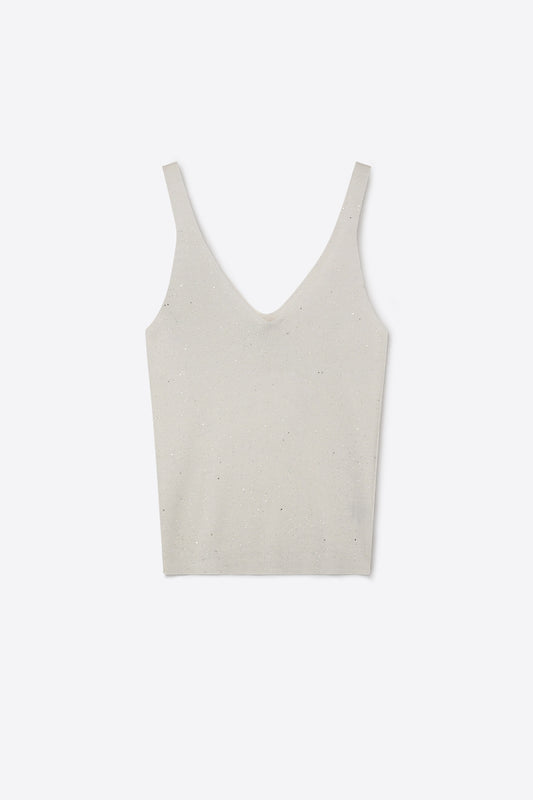 Q2 Canottiera bianca a maglia fine glitterata con scollo a V e vestibilità regolare