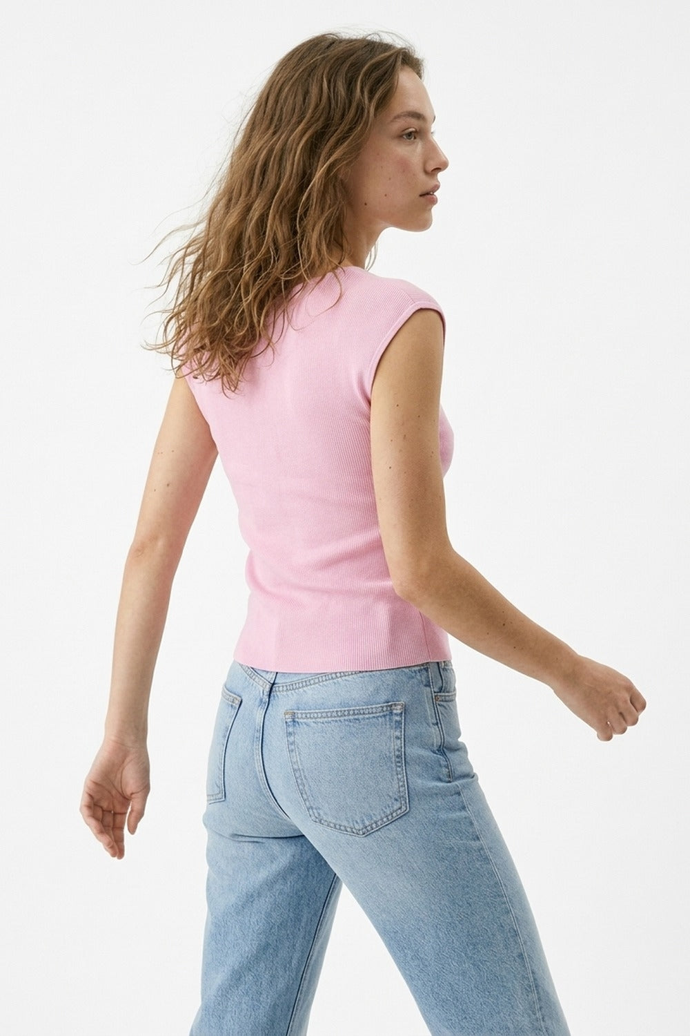 Canottiera Rosa a Coste con Scollo a Barca
