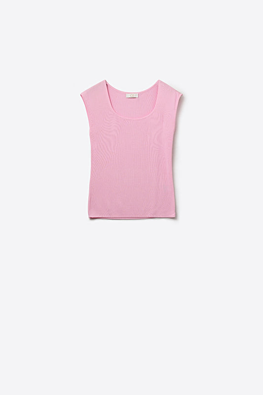 Q2 Canottiera Rosa a Coste con Scollo a Barca