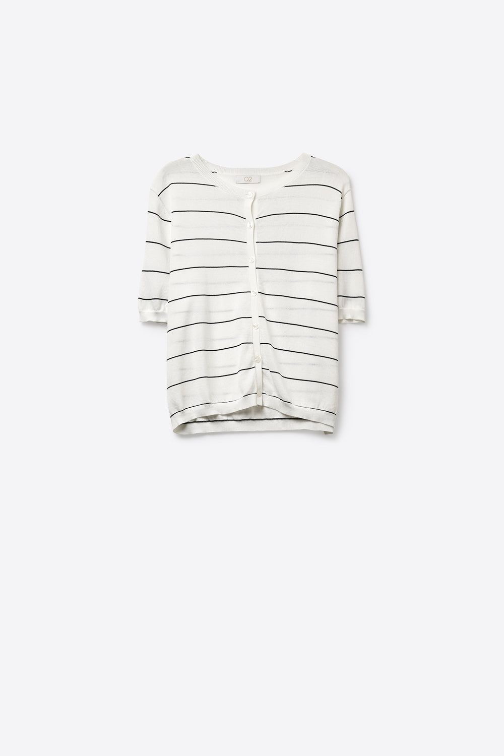 Q2 Cardigan a Maglia con Bottoni sul Davanti a Maniche Corte a Righe Bianche