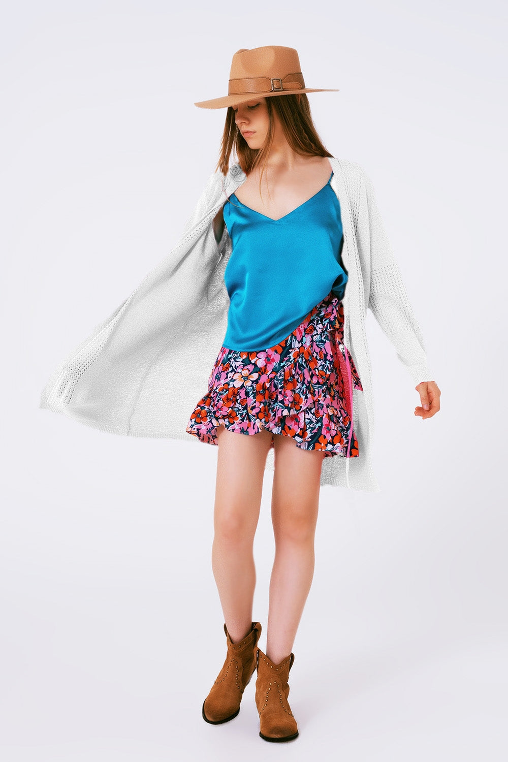 Cardigan a maglia di cotone medio con cordoncino in Bianco