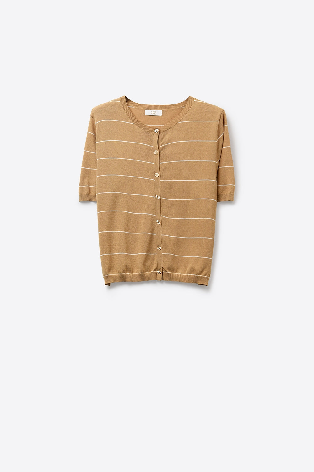 Q2 Cardigan a maniche corte con bottoni a righe color cammello