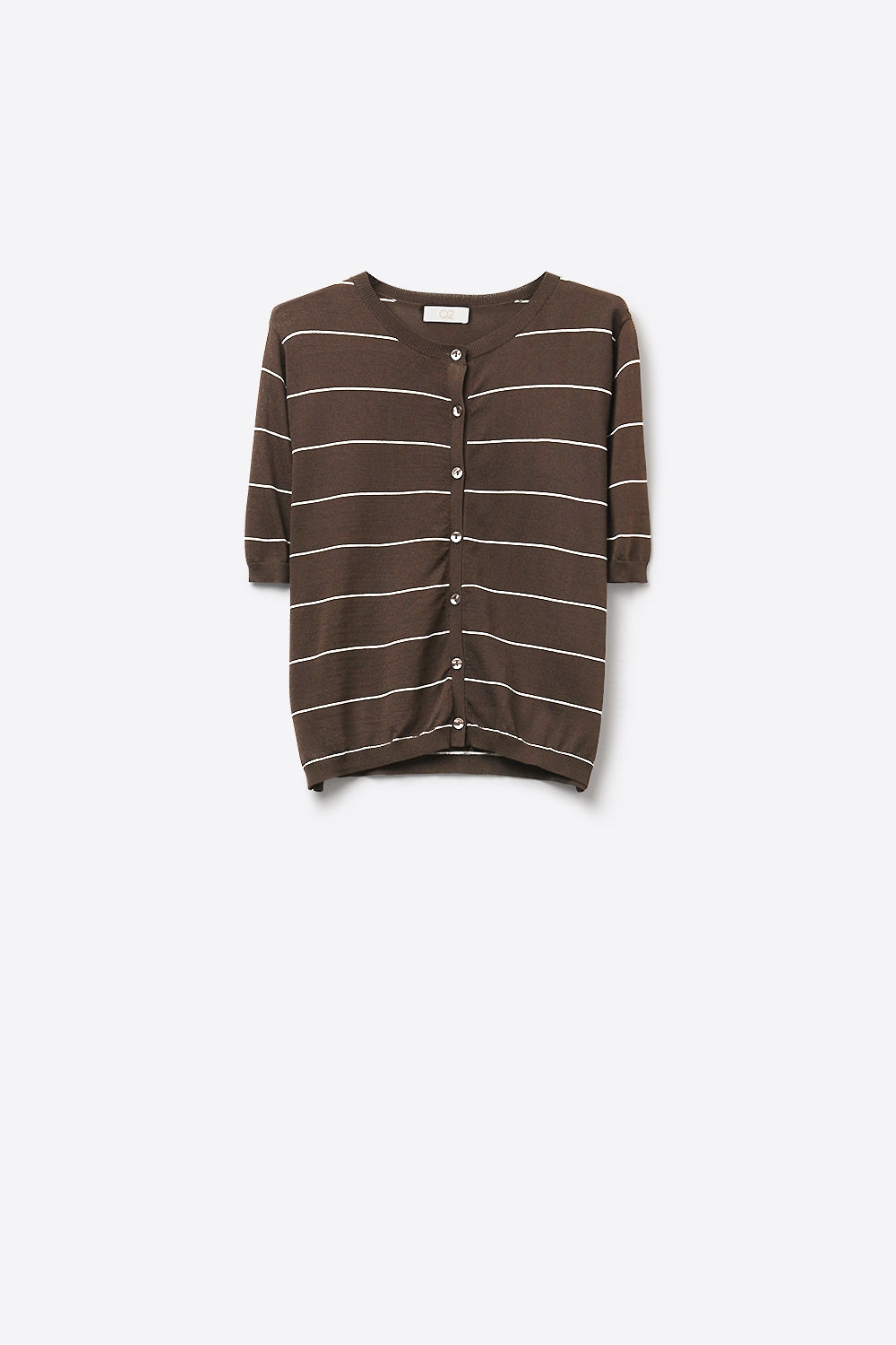 Q2 Cardigan a maniche corte in maglia con bottoni a righe marroni