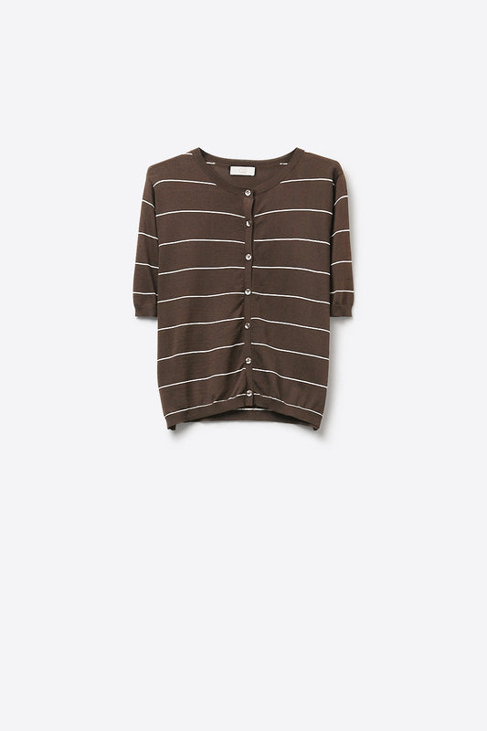 Q2 Cardigan a maniche corte in maglia con bottoni a righe marroni