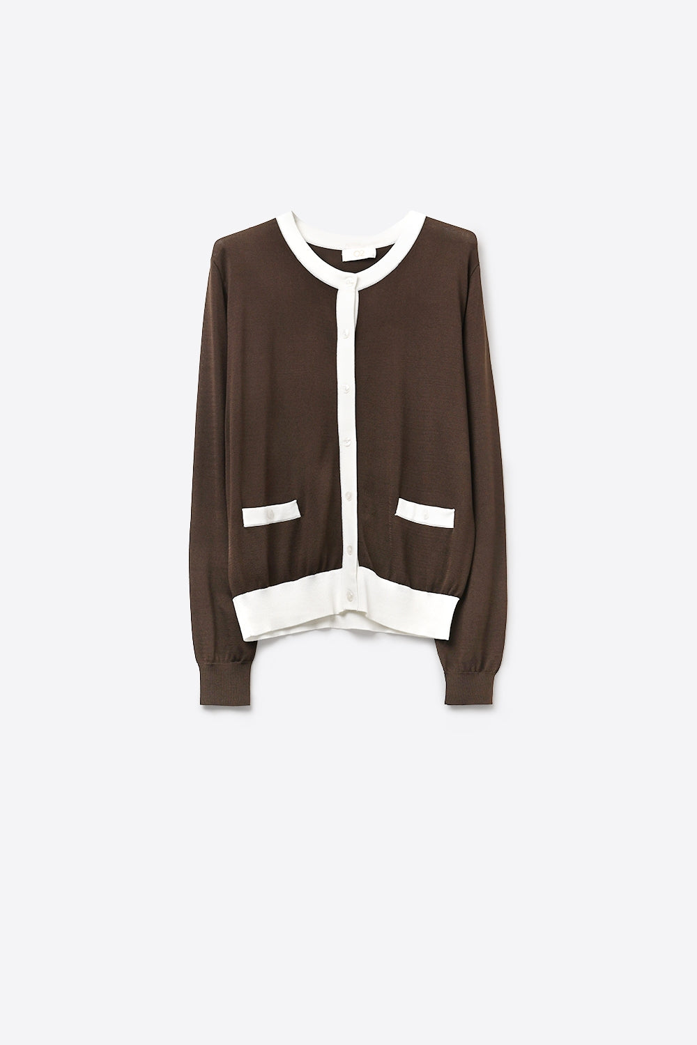 Q2 Cardigan a maniche lunghe marrone con bordi a contrasto
