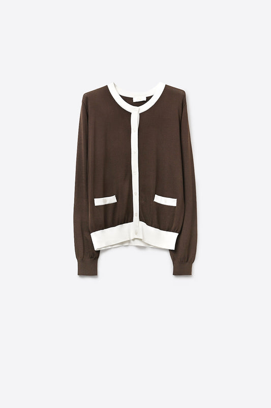 Q2 Cardigan a maniche lunghe marrone con bordi a contrasto