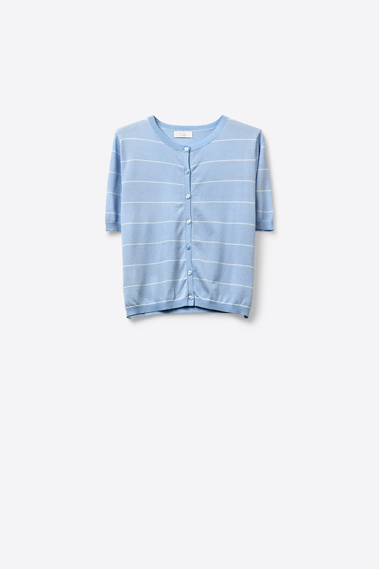 Q2 Cardigan a righe blu chiaro con bottoni e maniche corte