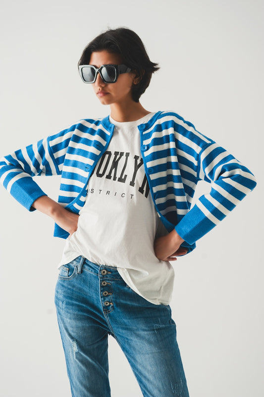 Q2 Cardigan a righe blu in maglia leggera