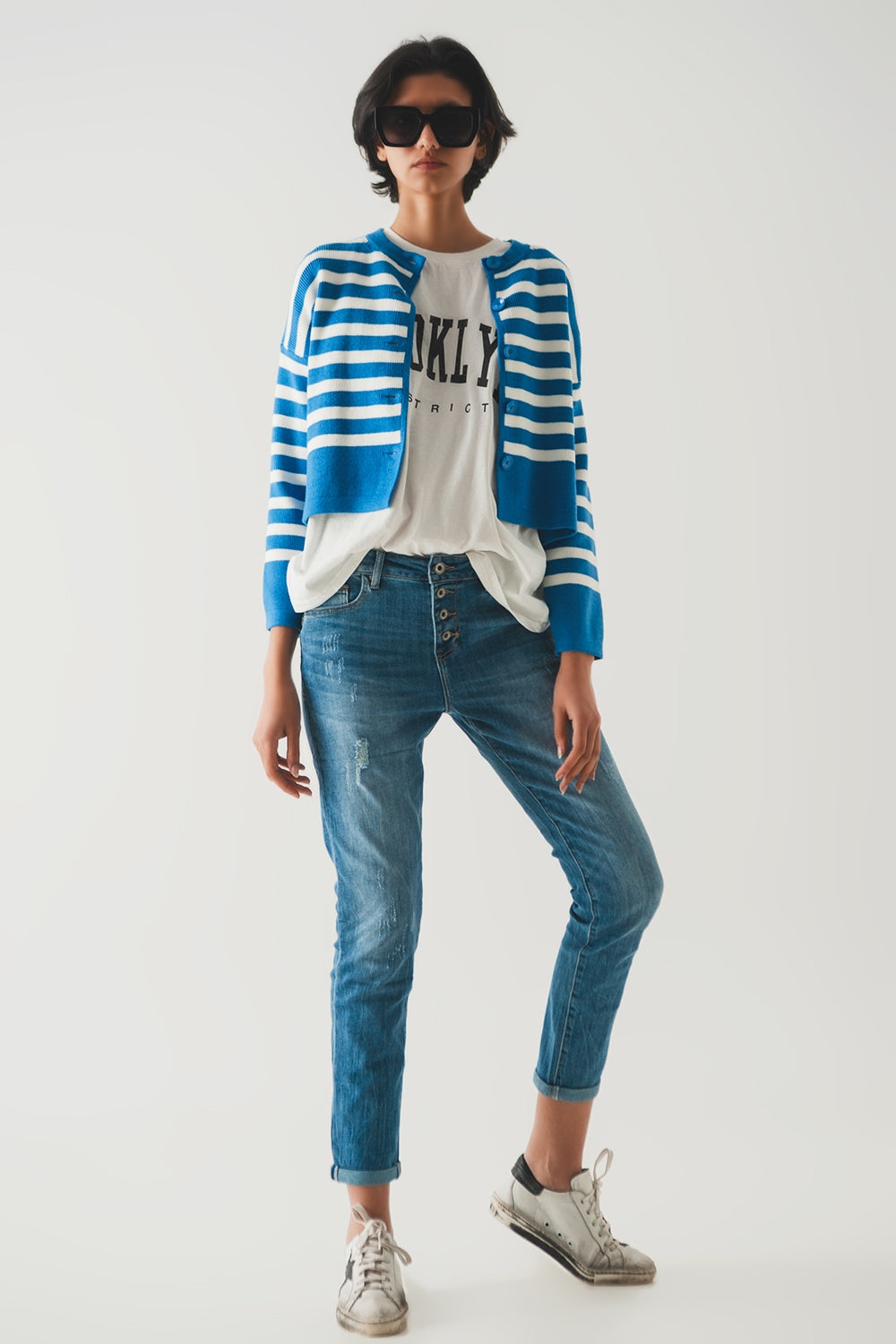 Cardigan a righe blu in maglia leggera
