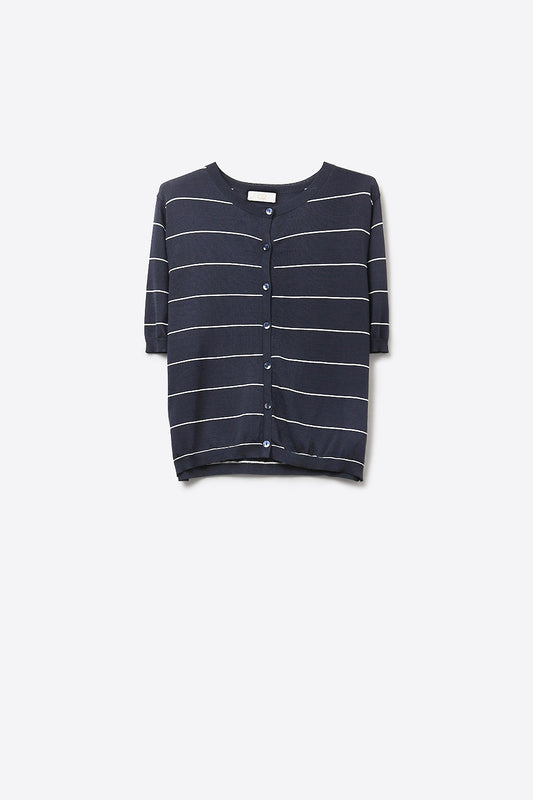Q2 Cardigan a righe blu navy con maniche corte e bottoni