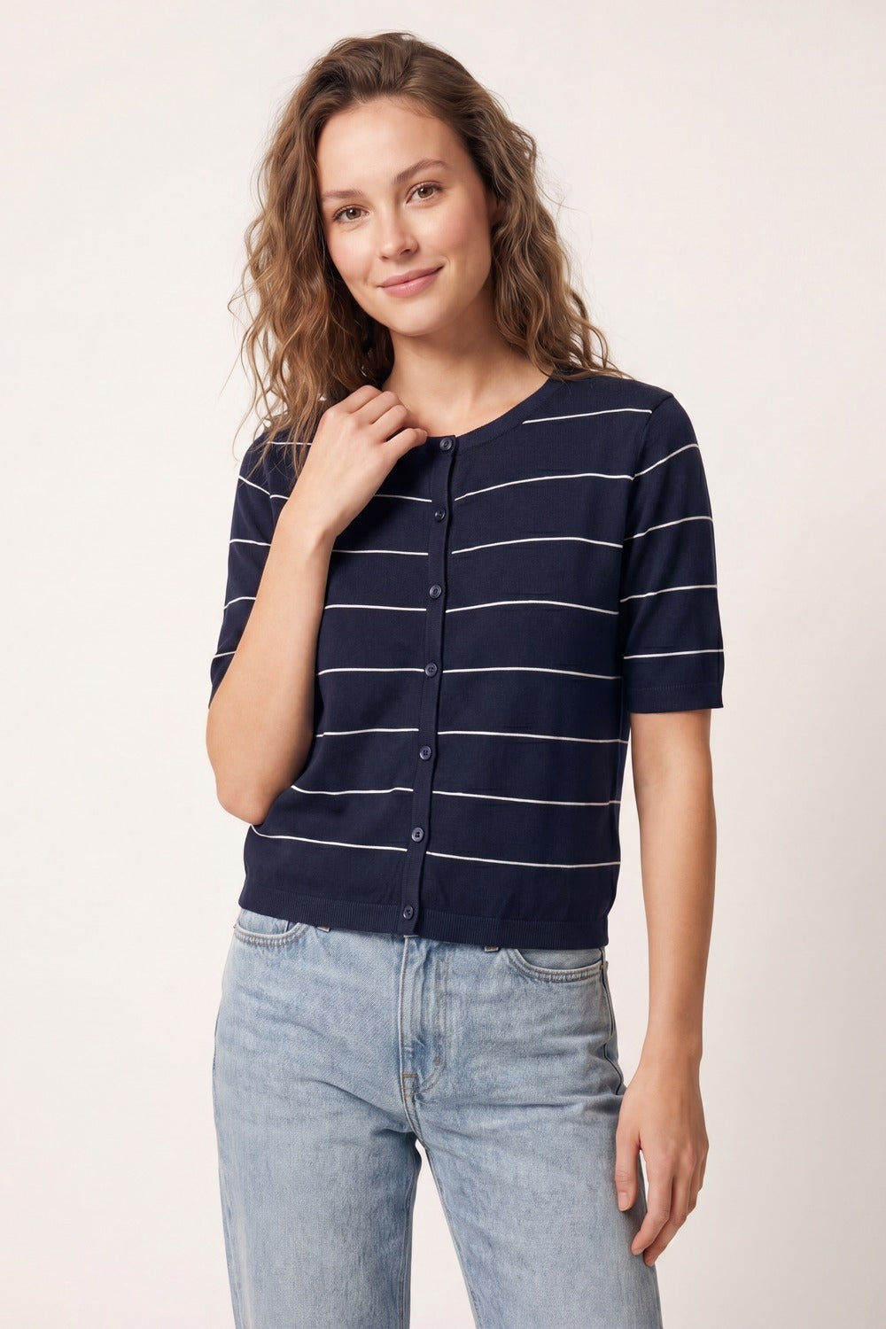 Cardigan a righe blu navy con maniche corte e bottoni