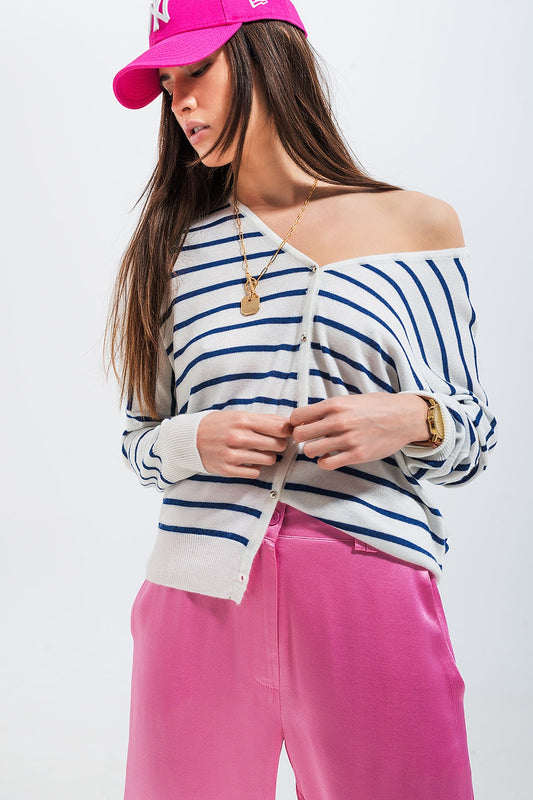 Q2 Cardigan a righe color crema con bottoni
