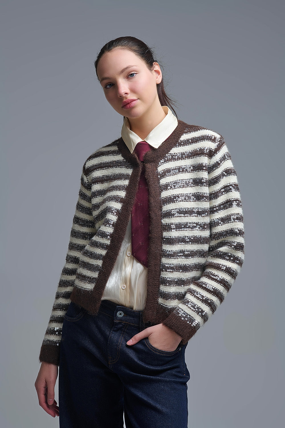 Cardigan a righe con dettaglio di paillettes in marrone e crema