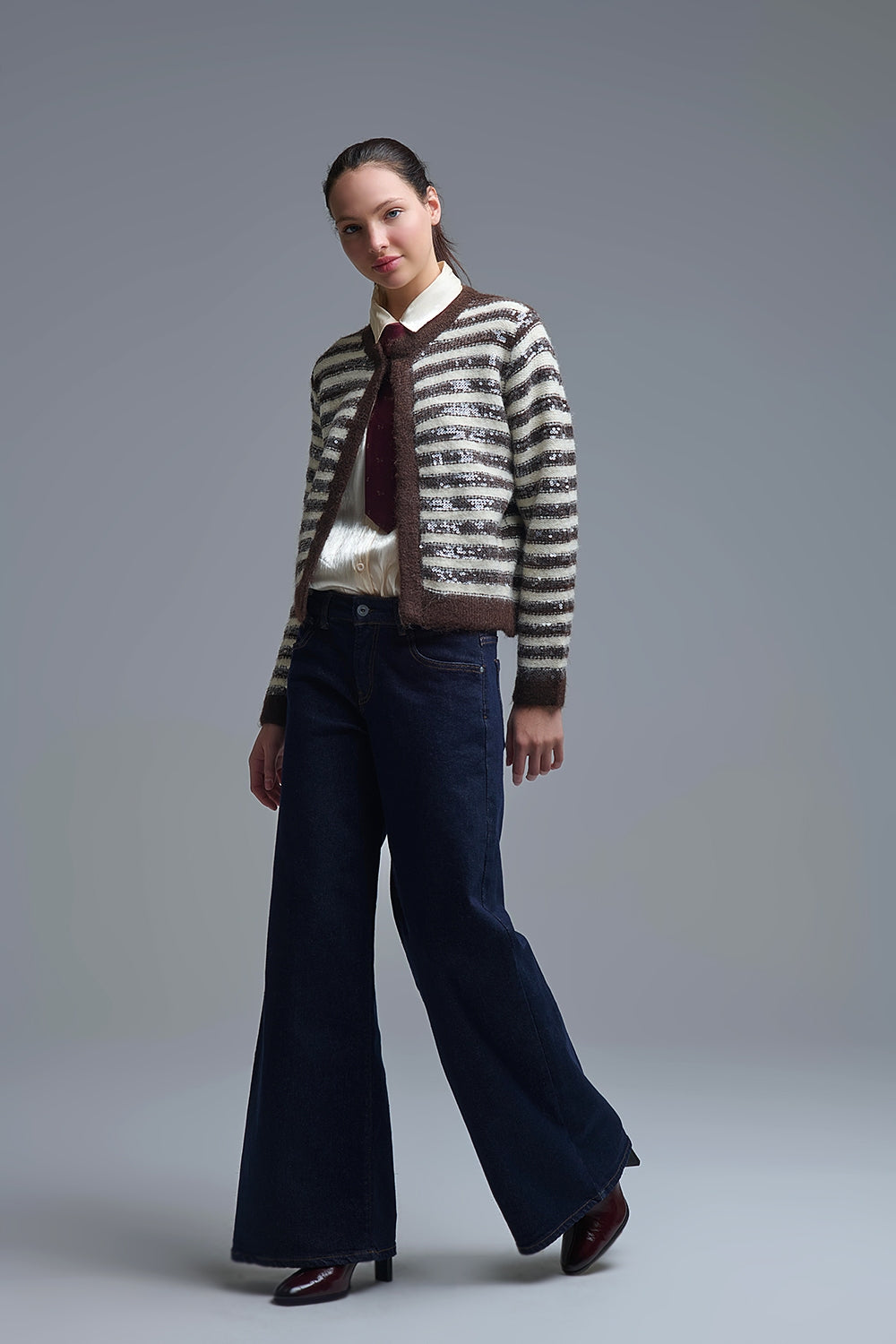 Cardigan a righe con dettaglio di paillettes in marrone e crema