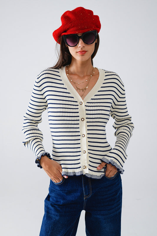 Q2 Cardigan a righe in crema con volant