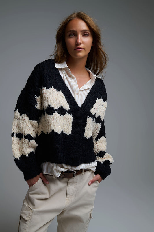 Q2 Cardigan a righe in maglia grossa con dettagli in paillettes in nero
